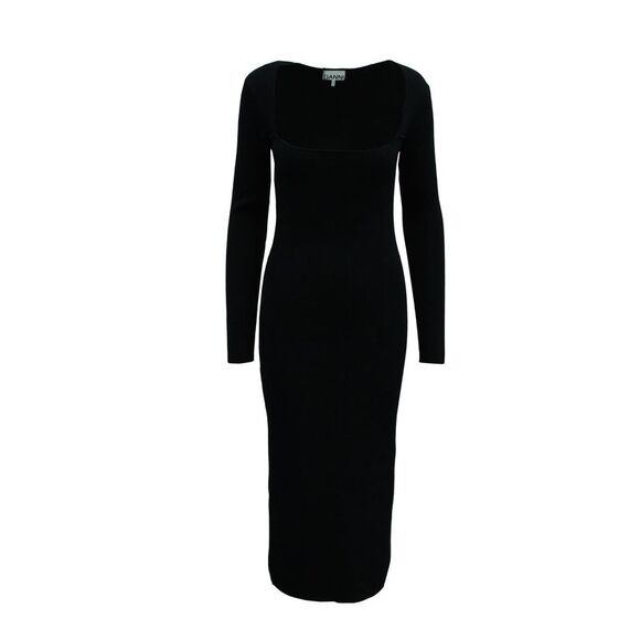 Maje Square-Neck Ribbed-Knit Midi Dress in Black Rayon - Picture 1 of 5